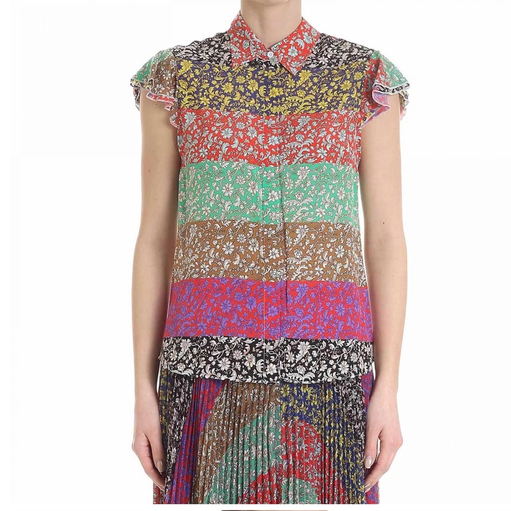 Alice + Olivia Multicolor Striped Floral Cap-Sleeve Blouse